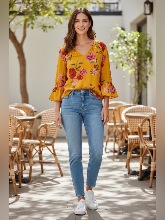 Old Navy Tops - Old Navy Floral Bell Sleeve Blouse – Women’s XL Mustard Yellow Boho Top